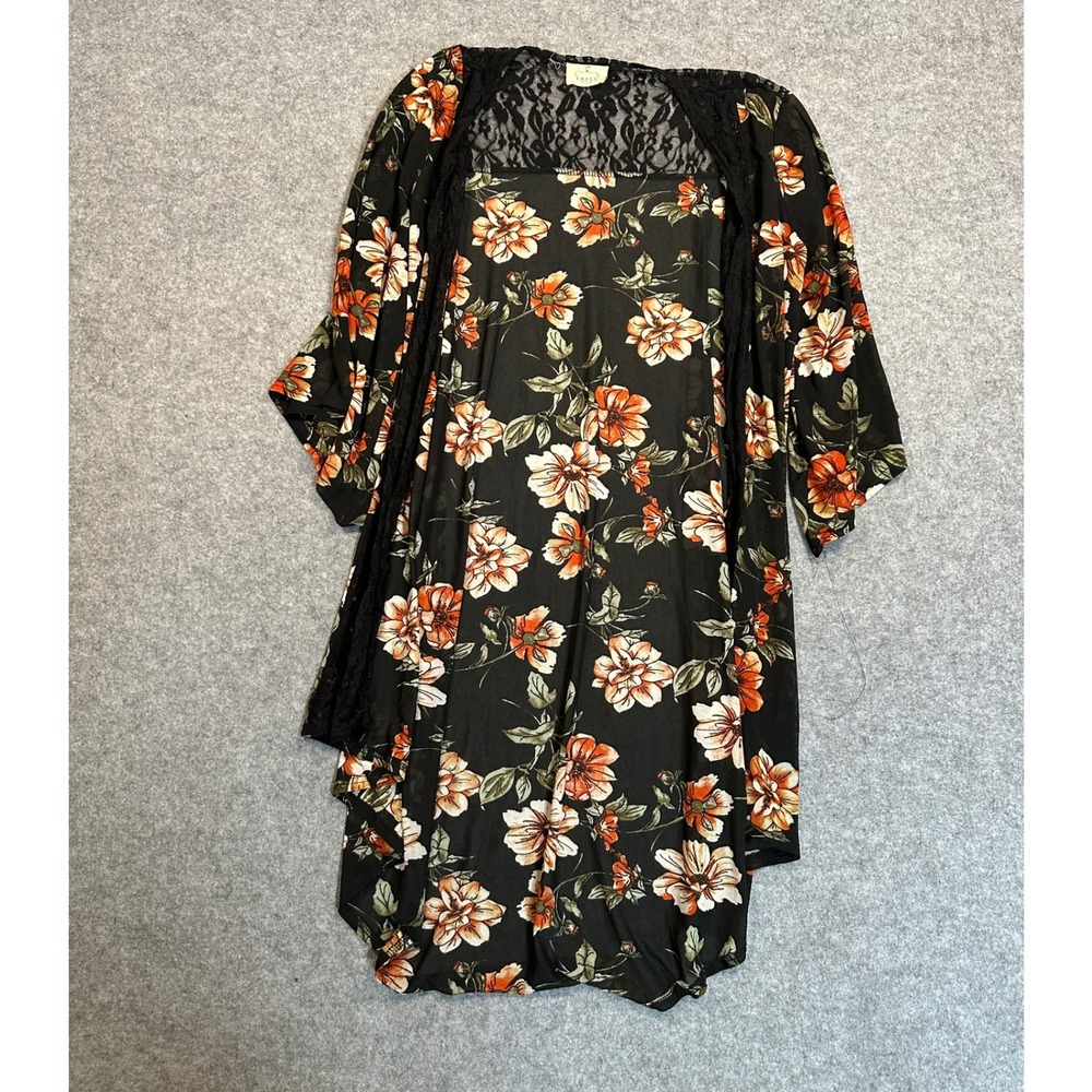 Ember Floral Lace Back Kimono Large Black Orange Sheer Layering Duster